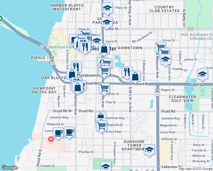 map of restaurants, bars, coffee shops, grocery stores, and more near 801 Chestnut Street in Clearwater