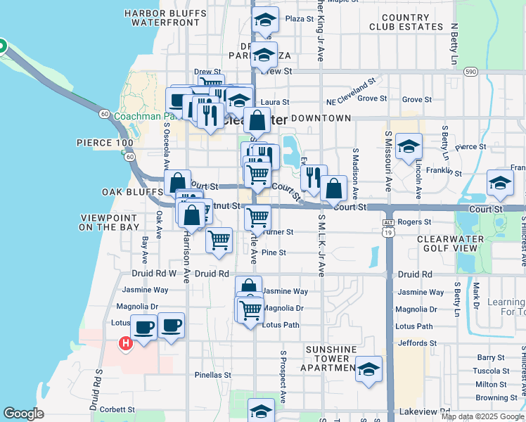 map of restaurants, bars, coffee shops, grocery stores, and more near 801 Chestnut Street in Clearwater