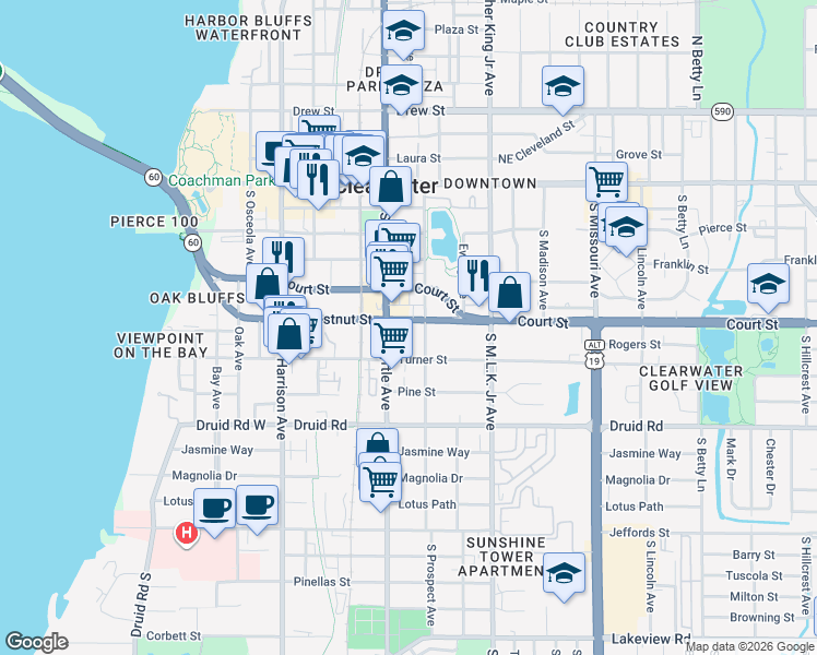 map of restaurants, bars, coffee shops, grocery stores, and more near 801 Chestnut Street in Clearwater