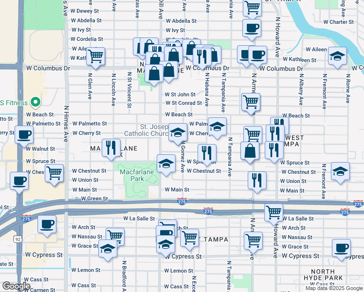 map of restaurants, bars, coffee shops, grocery stores, and more near 2200 North Gomez Avenue in Tampa