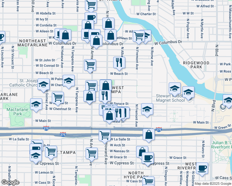 map of restaurants, bars, coffee shops, grocery stores, and more near 2116 West Pine Street in Tampa