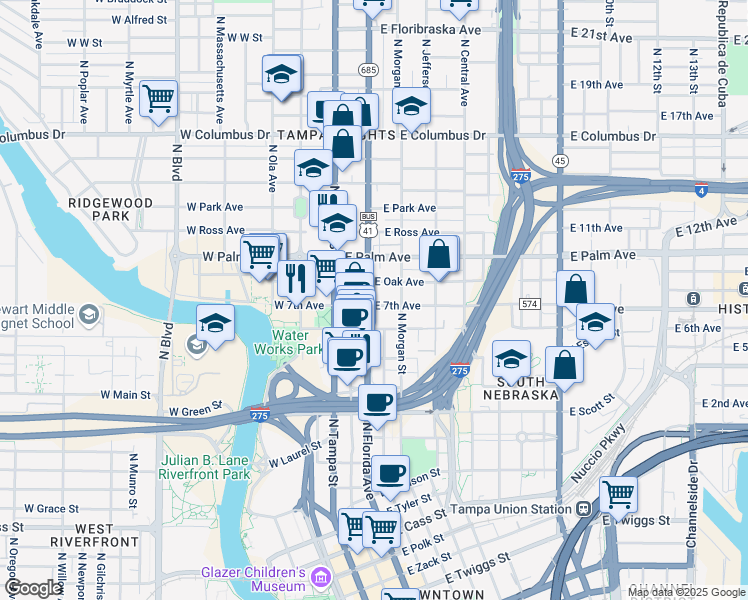 map of restaurants, bars, coffee shops, grocery stores, and more near in Tampa
