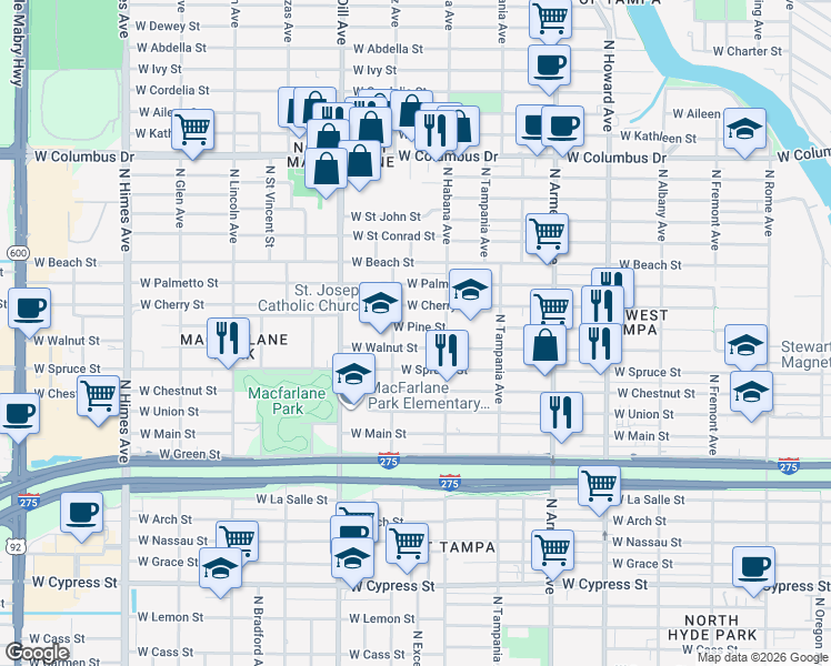map of restaurants, bars, coffee shops, grocery stores, and more near 2930 West Walnut Street in Tampa