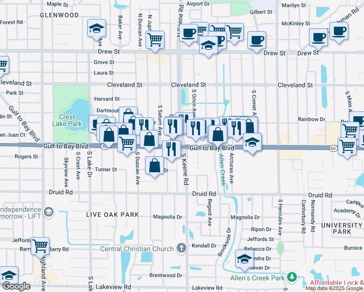 map of restaurants, bars, coffee shops, grocery stores, and more near Gulf to Bay Blvd & S Keene Rd in Clearwater