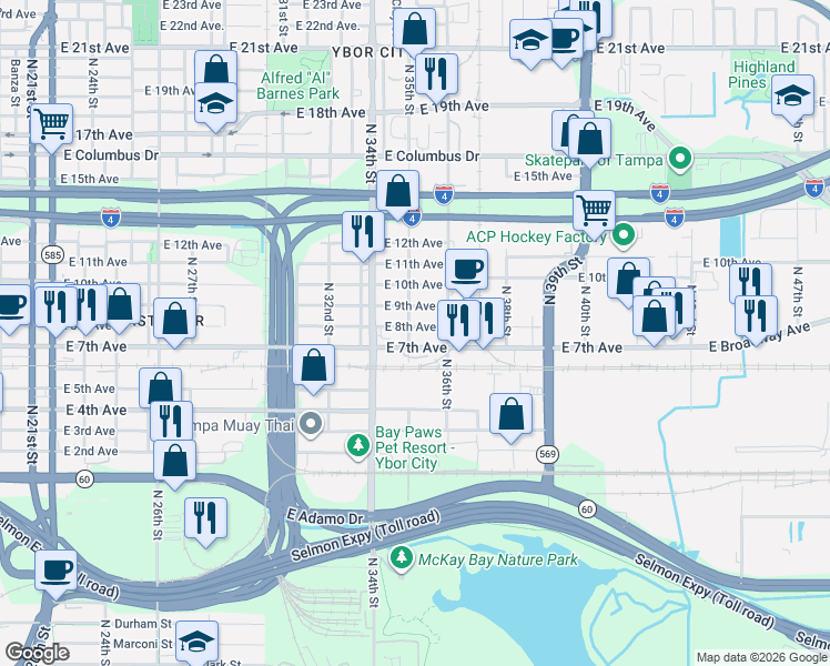 map of restaurants, bars, coffee shops, grocery stores, and more near 3517 East 7th Avenue in Tampa