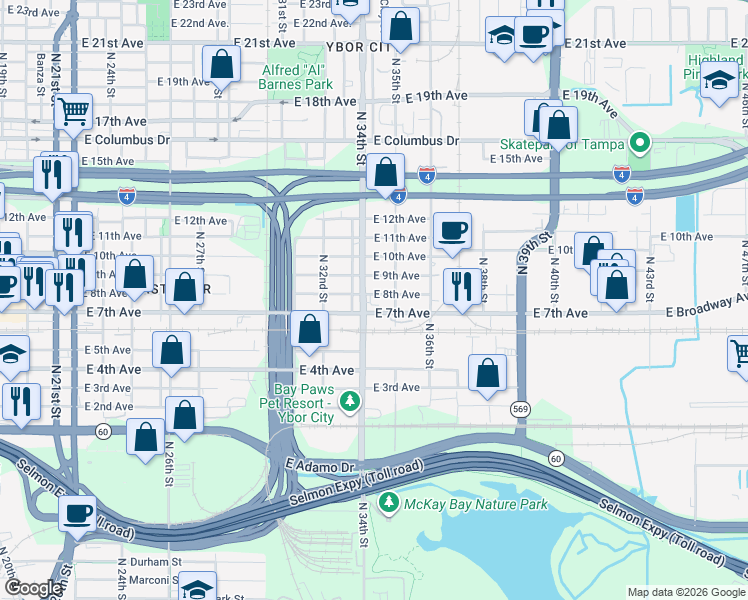 map of restaurants, bars, coffee shops, grocery stores, and more near 3401 East 7th Avenue in Tampa