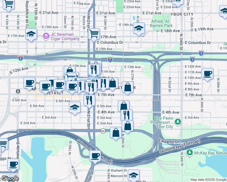 map of restaurants, bars, coffee shops, grocery stores, and more near 2323 East 7th Avenue in Tampa