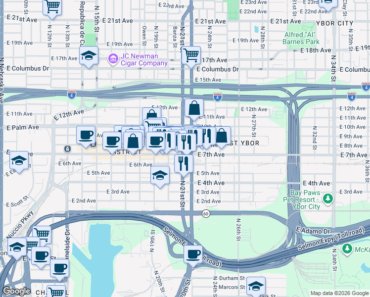 map of restaurants, bars, coffee shops, grocery stores, and more near 2025 East 7th Avenue in Tampa