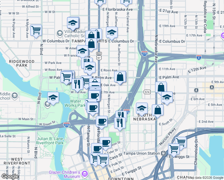 map of restaurants, bars, coffee shops, grocery stores, and more near 9 East 7th Avenue in Tampa