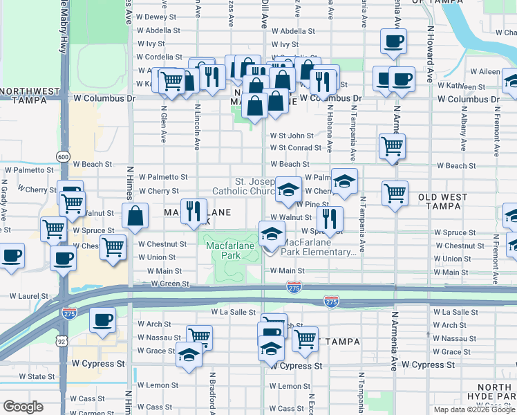 map of restaurants, bars, coffee shops, grocery stores, and more near 2103 North Jamaica Street in Tampa