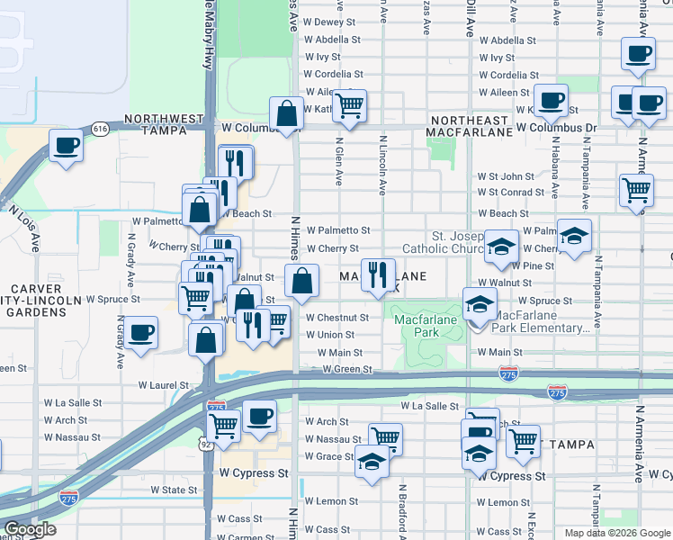 map of restaurants, bars, coffee shops, grocery stores, and more near 3412 West Walnut Street in Tampa