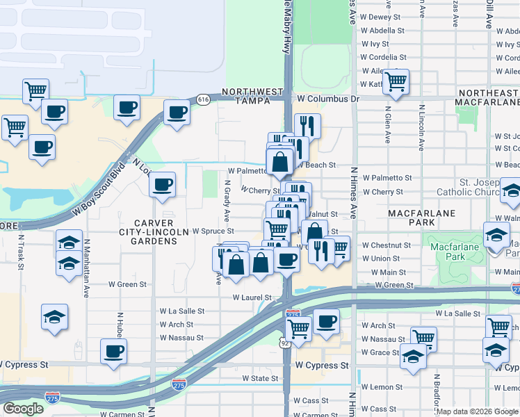 map of restaurants, bars, coffee shops, grocery stores, and more near 3904 West Walnut Street in Tampa