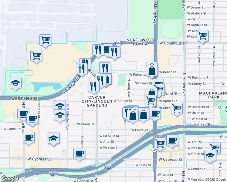 map of restaurants, bars, coffee shops, grocery stores, and more near 4107 North Lemans Boulevard in Tampa