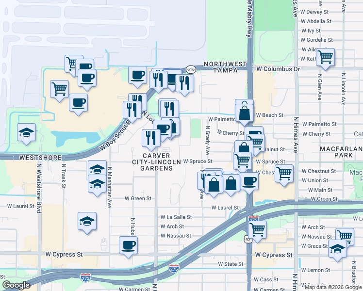 map of restaurants, bars, coffee shops, grocery stores, and more near 4107 North Lemans Boulevard in Tampa