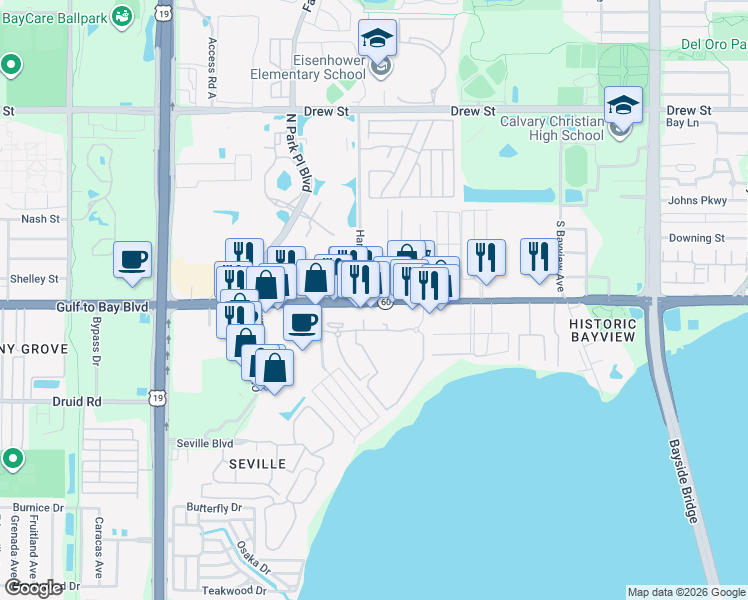 map of restaurants, bars, coffee shops, grocery stores, and more near 2 Brown Boulevard in Clearwater