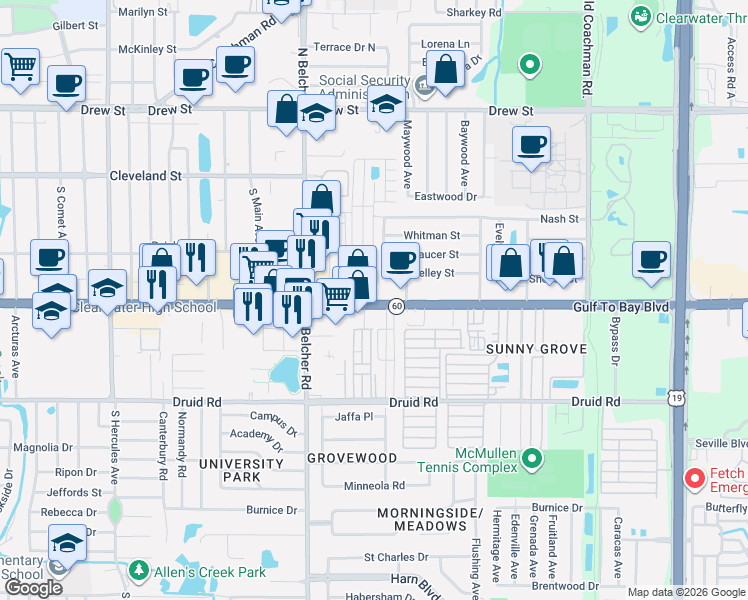 map of restaurants, bars, coffee shops, grocery stores, and more near in Clearwater