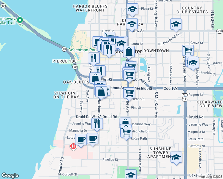 map of restaurants, bars, coffee shops, grocery stores, and more near 600 Turner Street in Clearwater