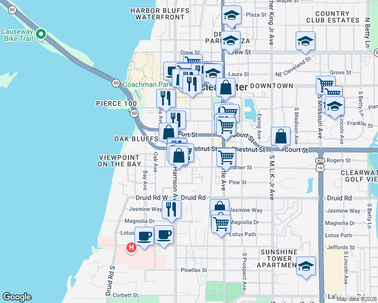 map of restaurants, bars, coffee shops, grocery stores, and more near 600 Turner Street in Clearwater