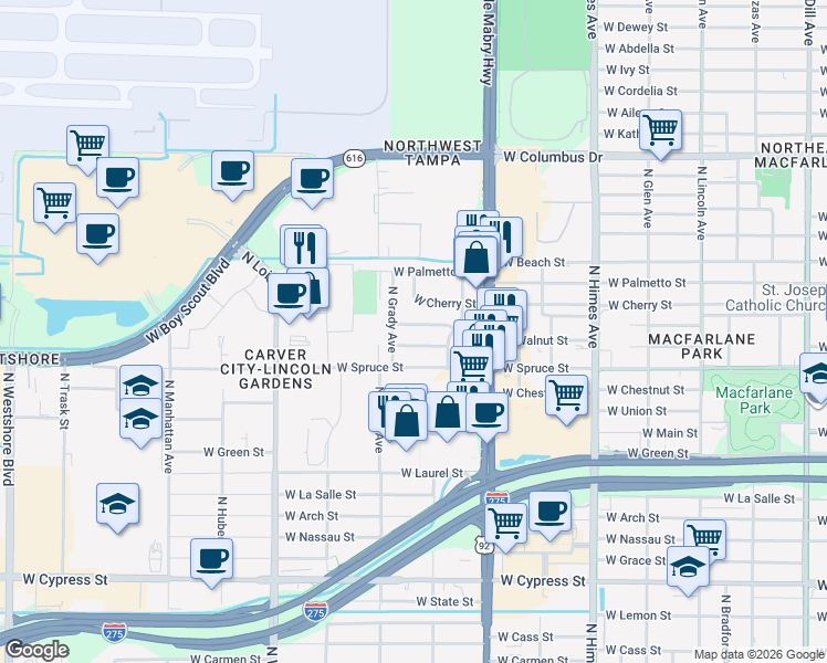 map of restaurants, bars, coffee shops, grocery stores, and more near 3916 West Pine Street in Tampa