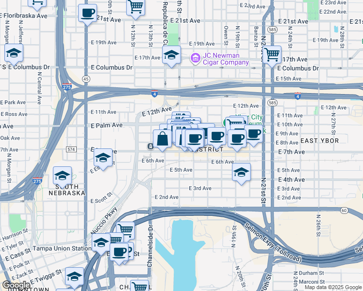 map of restaurants, bars, coffee shops, grocery stores, and more near 1811 North 15th Street in Tampa