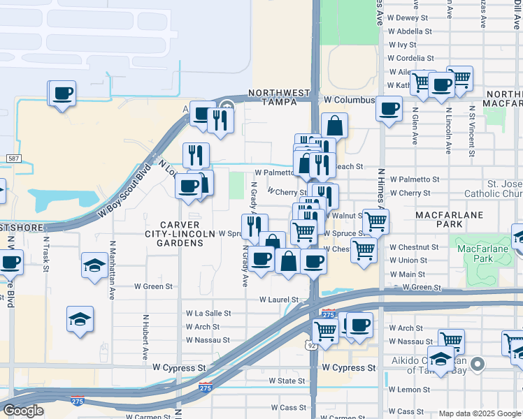 map of restaurants, bars, coffee shops, grocery stores, and more near 2207 North Grady Avenue in Tampa