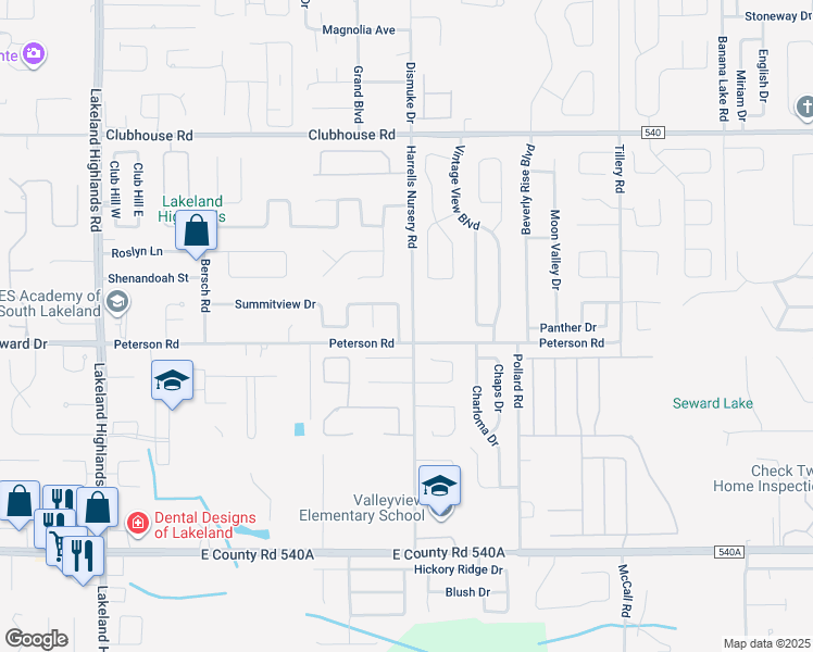 map of restaurants, bars, coffee shops, grocery stores, and more near 2761 Summitview Drive in Lakeland