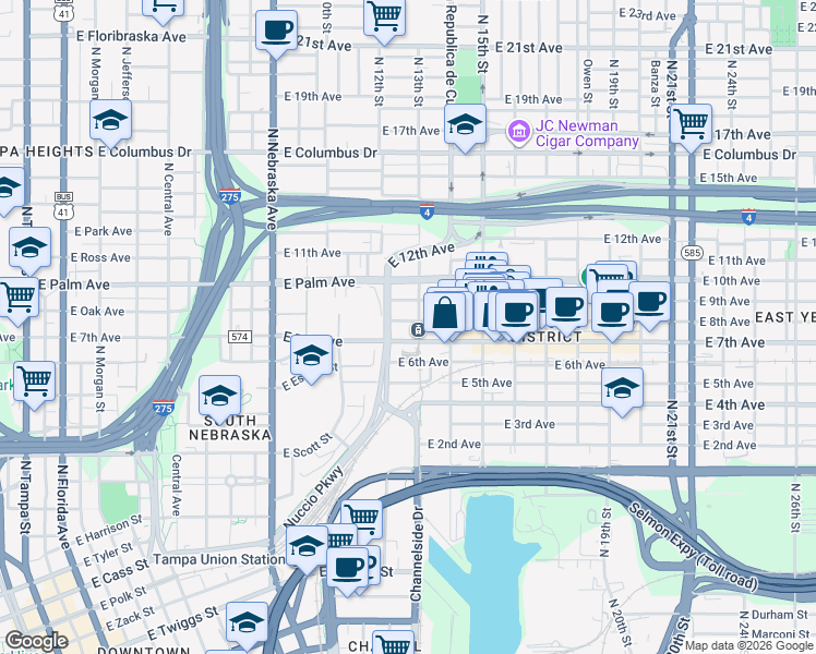 map of restaurants, bars, coffee shops, grocery stores, and more near 1221 East 8th Avenue in Tampa
