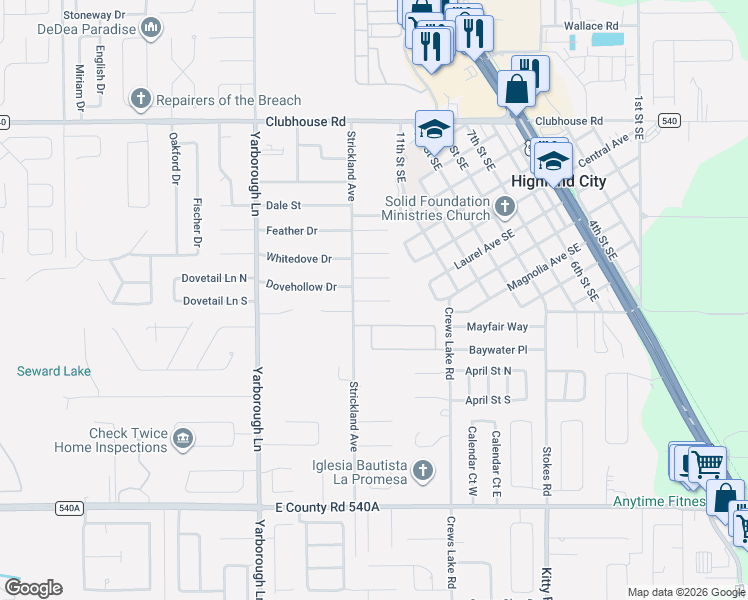 map of restaurants, bars, coffee shops, grocery stores, and more near 3905 Pelican Court in Lakeland