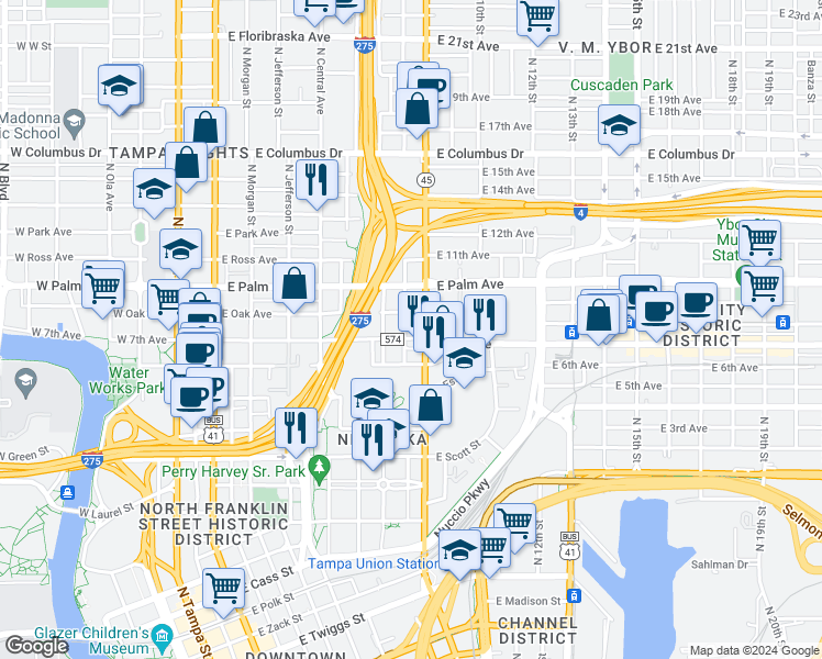 map of restaurants, bars, coffee shops, grocery stores, and more near 1901 North Mitchell Avenue in Tampa