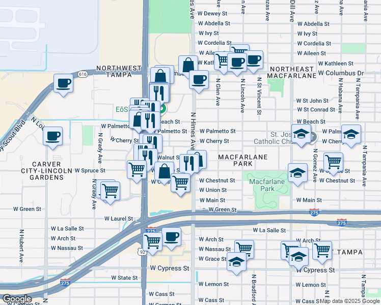 map of restaurants, bars, coffee shops, grocery stores, and more near 3602 West Cherry Street in Tampa
