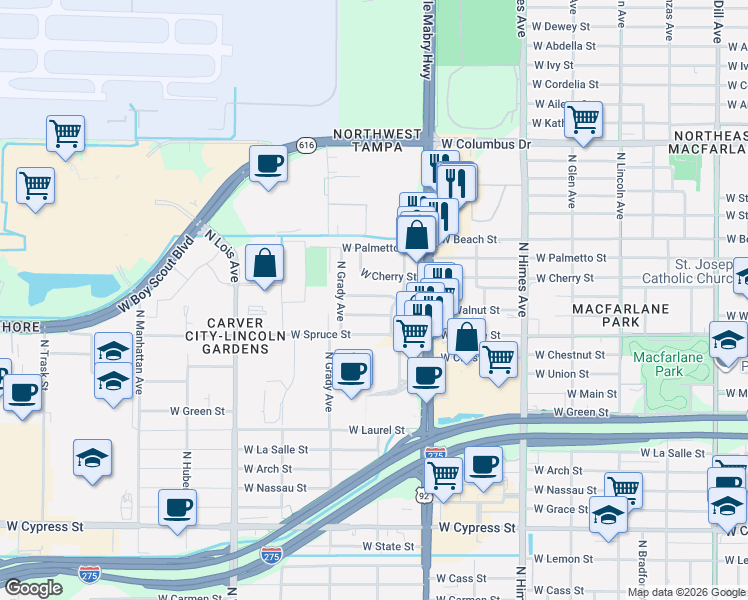 map of restaurants, bars, coffee shops, grocery stores, and more near 3910 West Cherry Street in Tampa