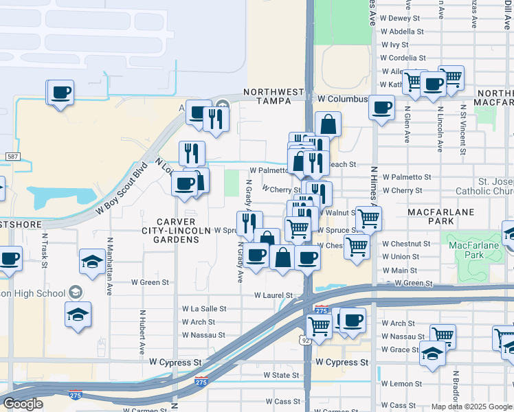 map of restaurants, bars, coffee shops, grocery stores, and more near 2207 North Grady Avenue in Tampa
