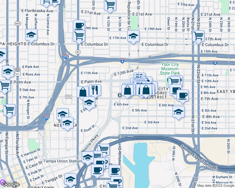 map of restaurants, bars, coffee shops, grocery stores, and more near 1221 East 8th Avenue in Tampa