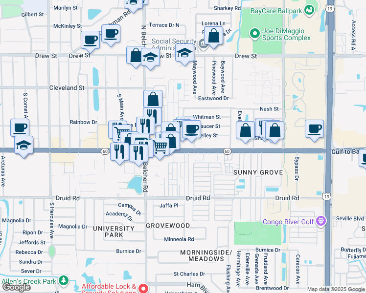 map of restaurants, bars, coffee shops, grocery stores, and more near 314 Shelley Street in Clearwater