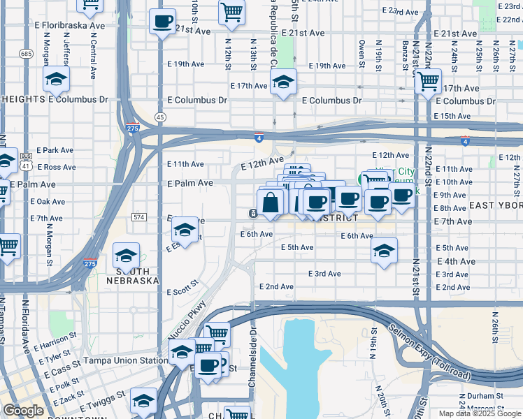 map of restaurants, bars, coffee shops, grocery stores, and more near 1300 East 8th Avenue in Tampa
