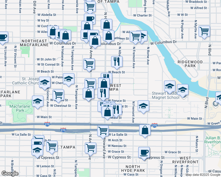map of restaurants, bars, coffee shops, grocery stores, and more near 2132 West Cherry Street in Tampa
