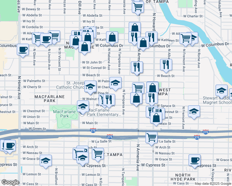 map of restaurants, bars, coffee shops, grocery stores, and more near 2700 West Cherry Street in Tampa
