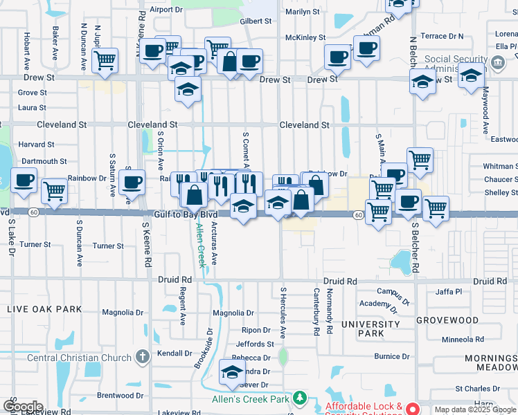 map of restaurants, bars, coffee shops, grocery stores, and more near 402 South Comet Avenue in Clearwater