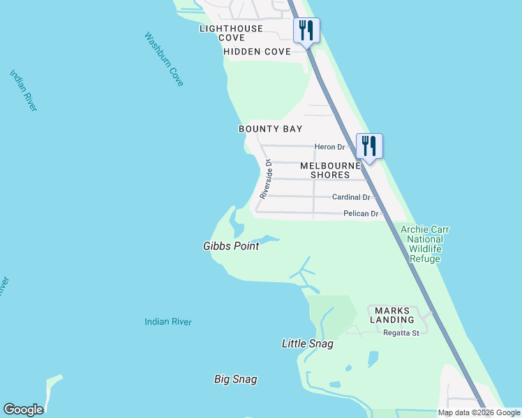 map of restaurants, bars, coffee shops, grocery stores, and more near 6015 Riverside Drive in Melbourne Beach