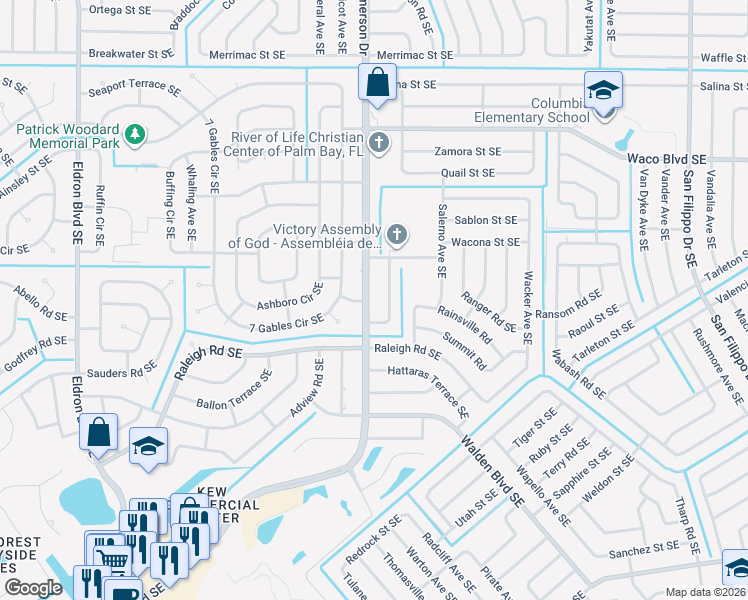 map of restaurants, bars, coffee shops, grocery stores, and more near 2861 Emerson Drive Southeast in Palm Bay