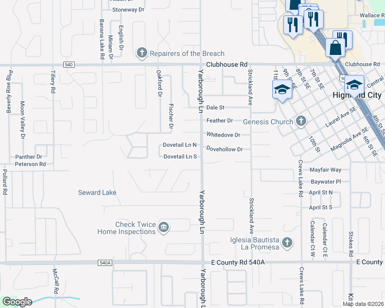map of restaurants, bars, coffee shops, grocery stores, and more near 3646 Dovetail Lane North in Lakeland