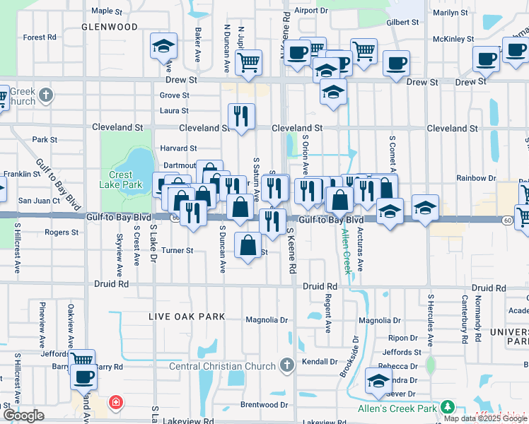 map of restaurants, bars, coffee shops, grocery stores, and more near 312 South Mars Avenue in Clearwater