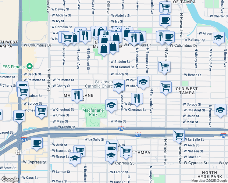 map of restaurants, bars, coffee shops, grocery stores, and more near 2200 North Gomez Avenue in Tampa