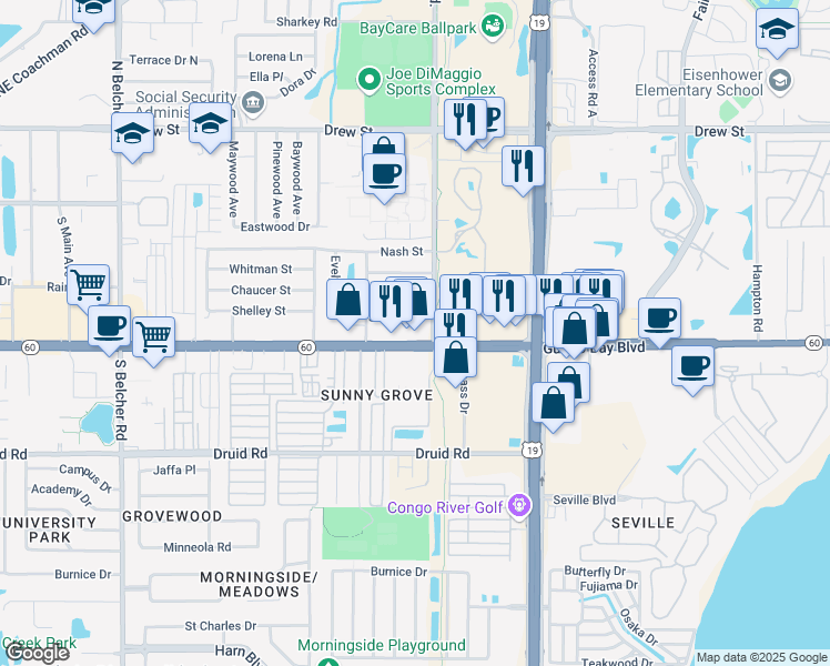 map of restaurants, bars, coffee shops, grocery stores, and more near 310 Old Coachman Road in Clearwater