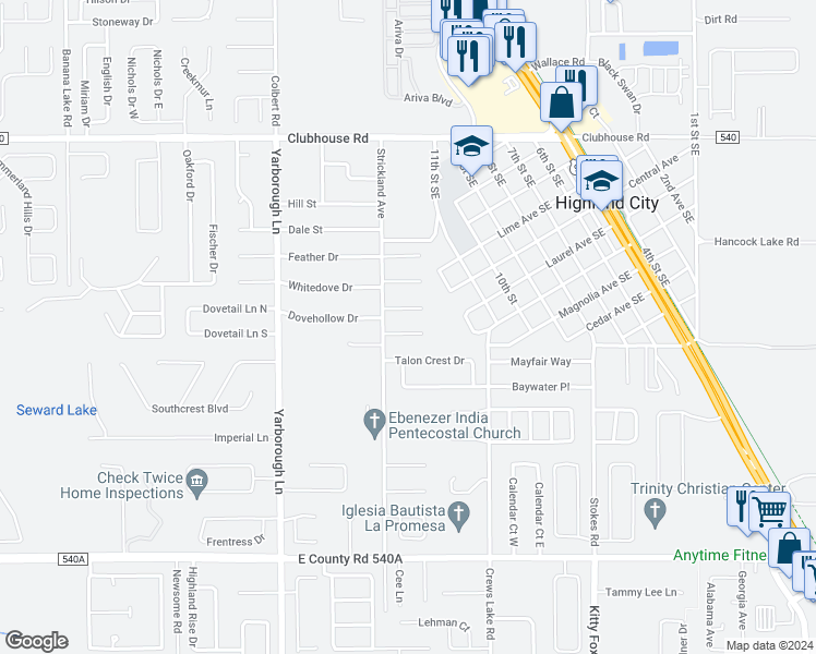 map of restaurants, bars, coffee shops, grocery stores, and more near 3922 Spoonbill Court in Lakeland