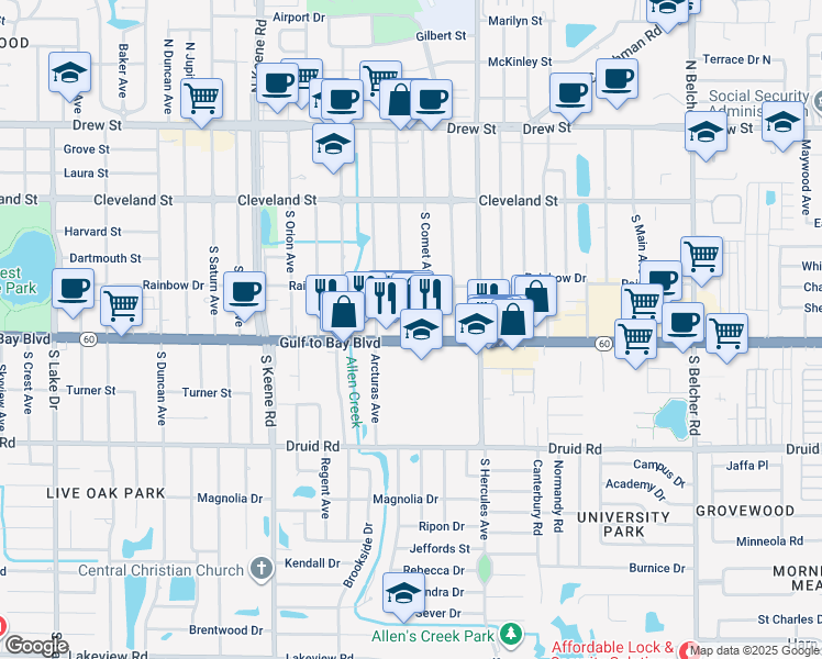 map of restaurants, bars, coffee shops, grocery stores, and more near 402 South Comet Avenue in Clearwater