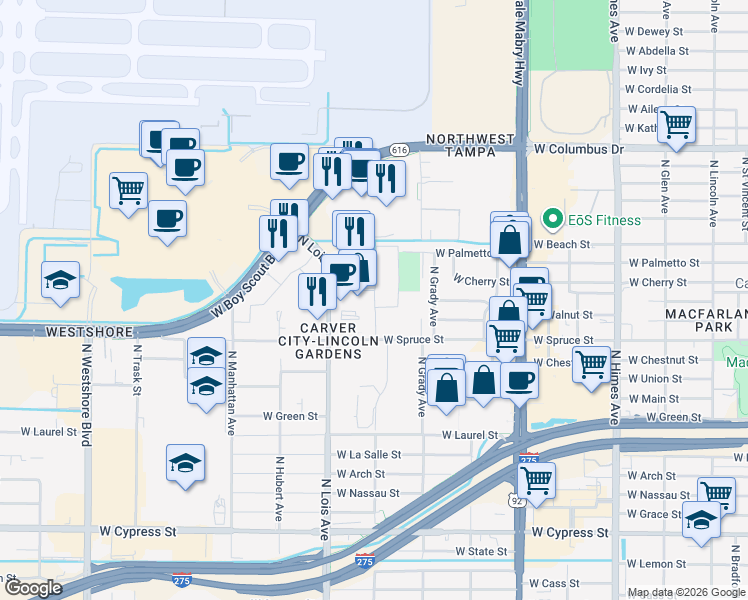 map of restaurants, bars, coffee shops, grocery stores, and more near 1000 N Le Mans Dr in Tampa