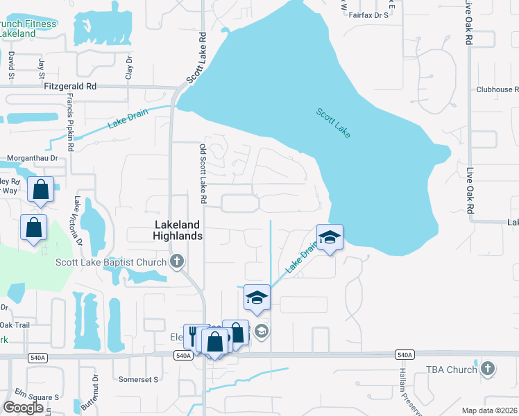 map of restaurants, bars, coffee shops, grocery stores, and more near Brighton Way in Lakeland