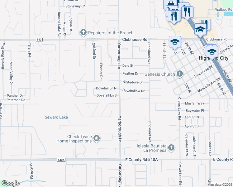 map of restaurants, bars, coffee shops, grocery stores, and more near 3646 Dovetail Lane North in Lakeland