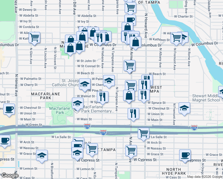 map of restaurants, bars, coffee shops, grocery stores, and more near 2700 West Cherry Street in Tampa